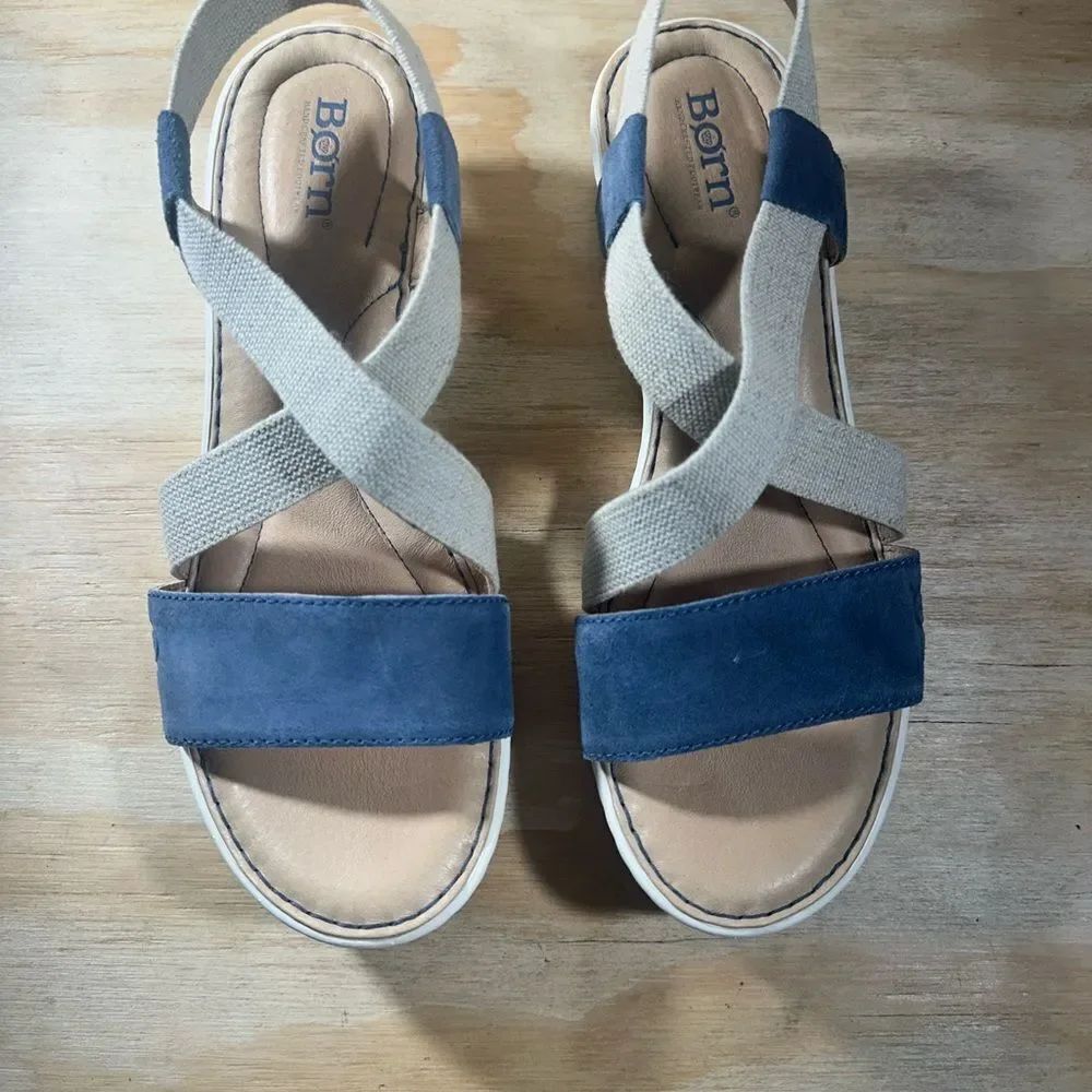 Born Kasady Blue Suede and Cream Elastic Strap Wedge Sandals Women’s Size 10 - Picture 6 of 9